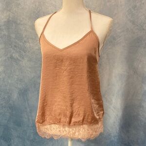 Romantic Lace Trimmed Tan Cami Racerback Top Size Small Skylar & Jade Silk Feel